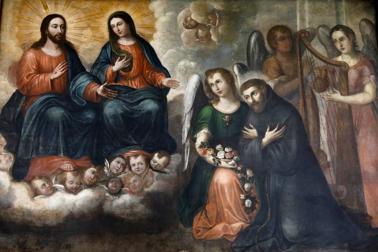 متحف Fray Pedro Gocial في دير سان فرانسيسكو ، كيتو ، الإكوادور. لوحة تصور يسوع ومريم يظهران لسان فرانسيس (تصوير) بواسطة فنان غير معروف