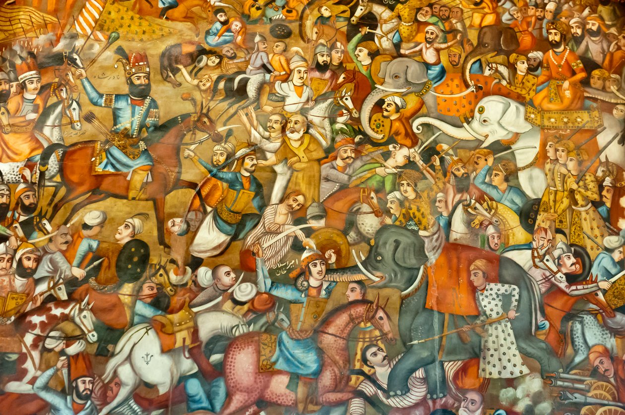 فريسكو. معركة؛ معركة نادر شاه في معركة كارنال. 1739 ؛ على ظهر الحصان؛ ضد السلطان محمد شاه جركاني على فيل أبيض. جهل ستون قصر الأربعين بيلارز؛ أصفهان. إيران ؛ آسيا بواسطة غير معروف