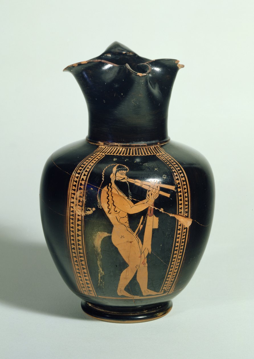 GR.126-1864 Oinochoe ، مزين بساتير يعزف على مزامير مزدوجة ، شكل أحمر علوي ، أثينا ، يوناني ، 520 قبل الميلاد (الطين) بواسطة غير معروف