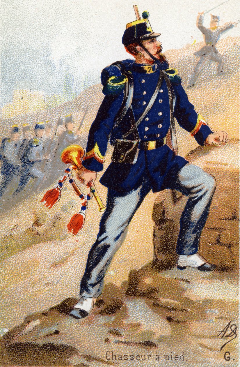 G: صياد القدم. نقش في "الأبجدية العسكرية". الأحرف الأولى من المصور: ناشر غير معروف AD. الطباعة الحجرية الملونة أواخر القرن التاسع عشر. خافت: 10،5 × 7 سم. بواسطة غير معروف