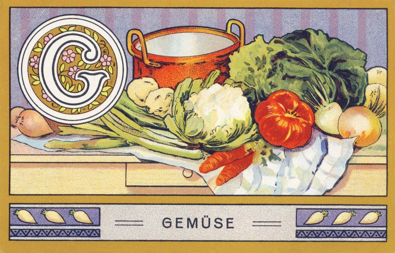 G: Gemuse - أبجدية النخلة. سلسلة من المطبوعات الحجرية الملونة التي نشرتها شركة H. Schlinck & Cie ، Hamburg، sd. إعلان عن Palmin Feintes Cocosfett. الأبعاد: ٧ × ١١ سم بواسطة فنان غير معروف