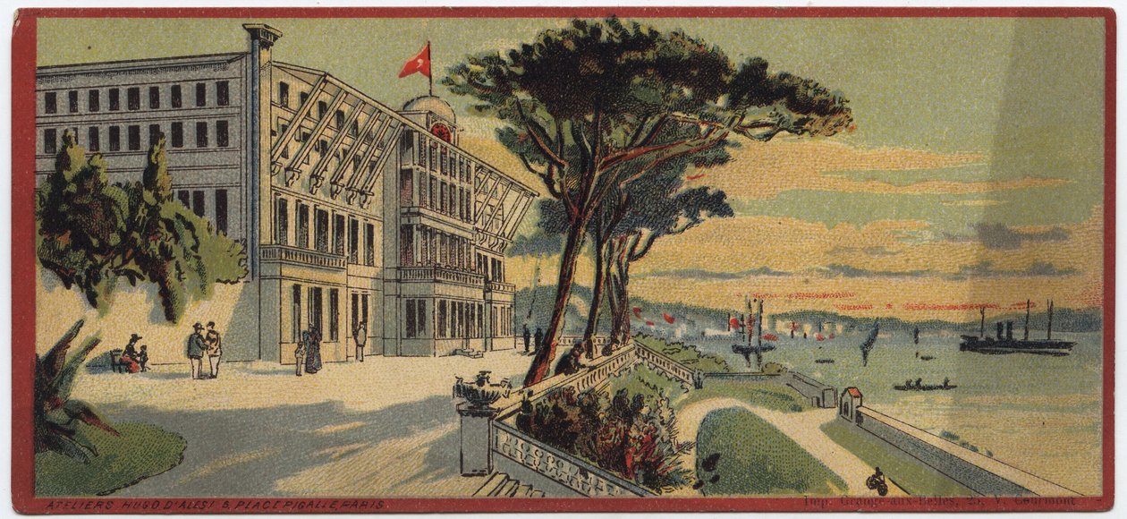 الفنادق الكبرى: منظر خارجي لقصر Therapia Summer Palace في القسطنطينية في تركيا - خريطة لسلسلة تعرض فنادق "Compagnie Internationale des Grands Hotels" ، أواخر القرن التاسع عشر وأوائل القرن العشرين بواسطة فنان غير معروف
