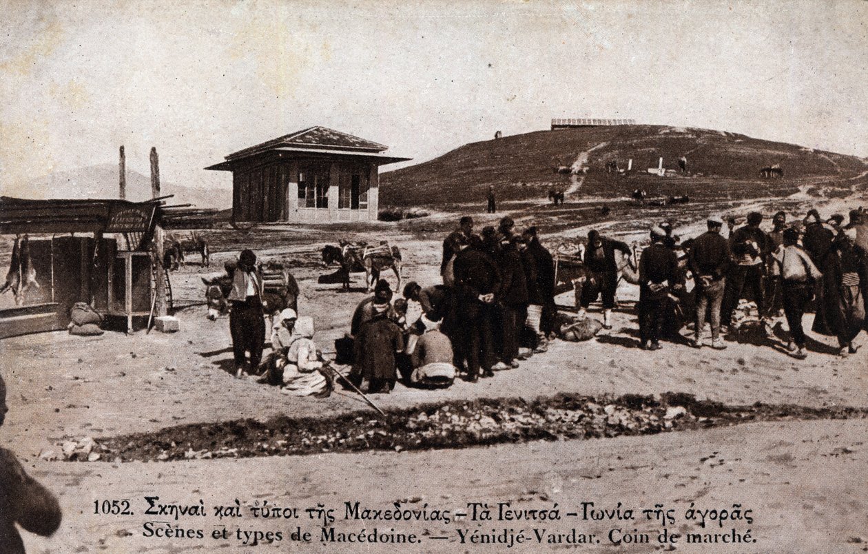 اليونان ، ماسيدوين ، جيانيتسا (يانيتسا): مسيرة في ينيجي فاردار (ينيجي-فارفار) - بطاقة بريدية 1914-1918 بواسطة فنان غير معروف