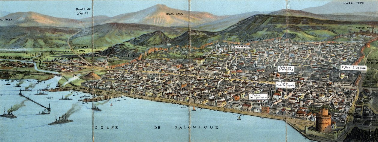 اليونان ، سالونيك (أو سالونيك): منظر للمدينة والخليج - بطاقة بريدية 1914-1918 بواسطة فنان غير معروف