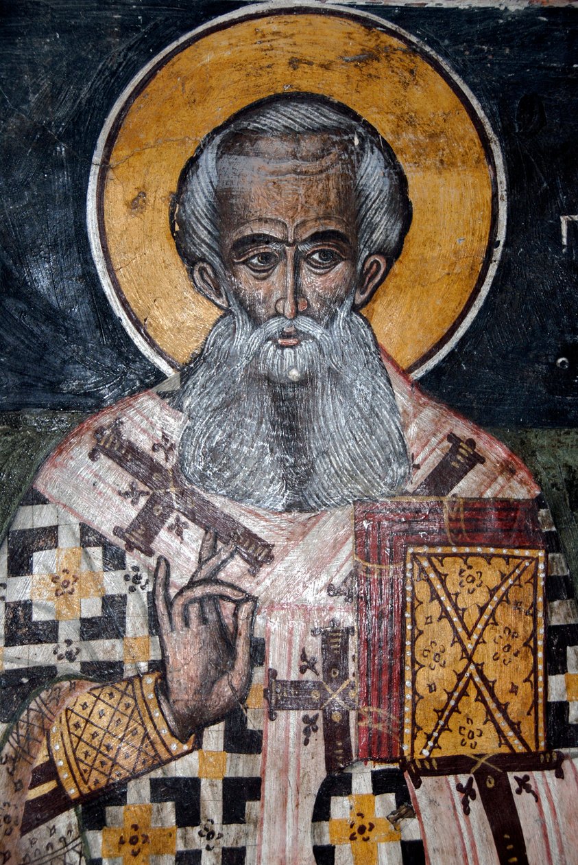 المسيحية الأرثوذكسية اليونانية ؛ اللوحات الجدارية البيزنطية القديمة ؛ جدارية المطران نيكولاس. كنيسة أجيوس نيكولاوس في البتراء. يسبوس. بحر ايجه؛ اليونان؛ أوروبا بواسطة غير معروف