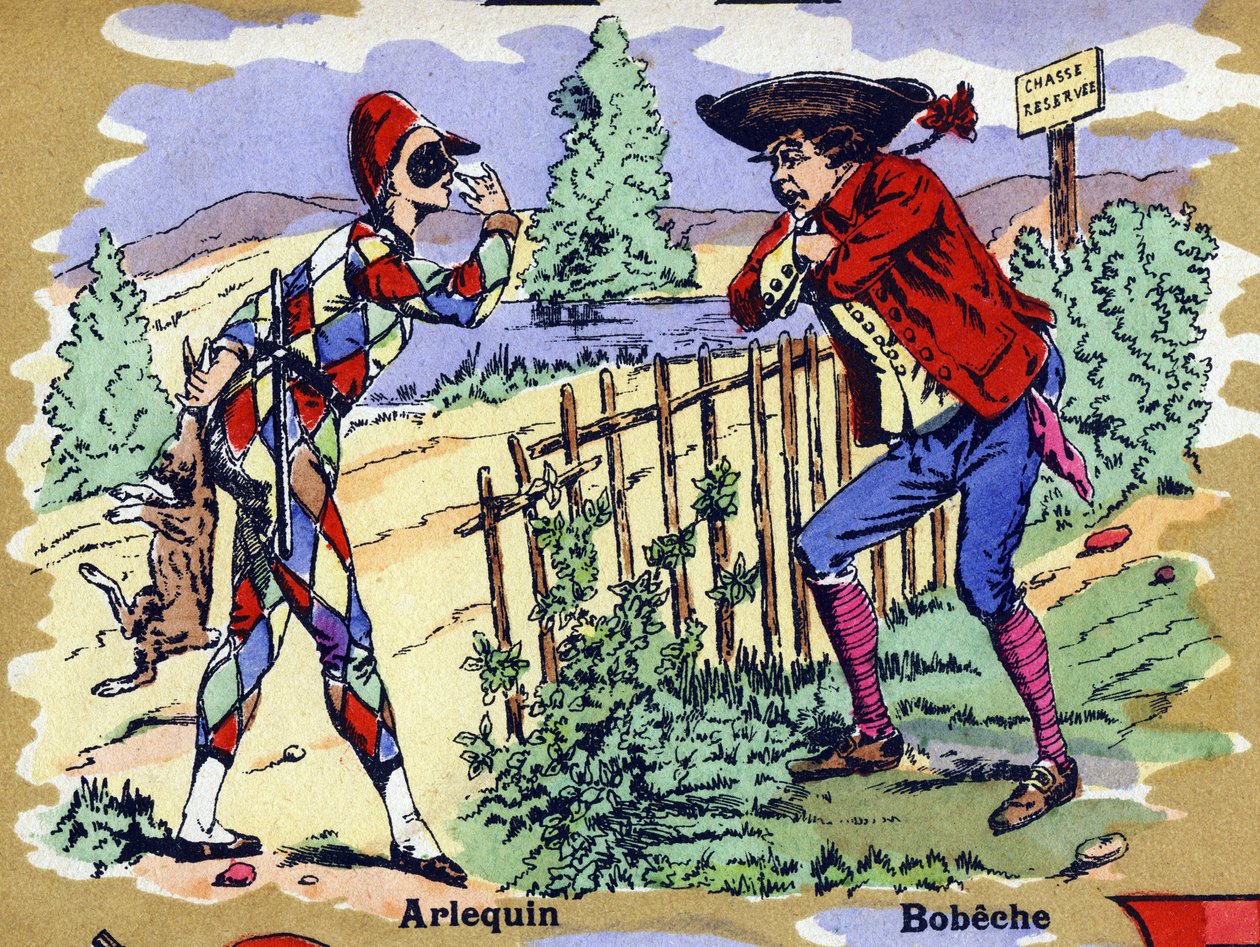 Harlequin و Bobeche. الأبجدية المصورة. تم لم شمل الصور في جارفيل نانسي ، بداية القرن العشرين. الأبعاد: ٤٠ × ٢٩ سم. الطباعة الحجرية على خلفية بيستر بواسطة فنان غير معروف