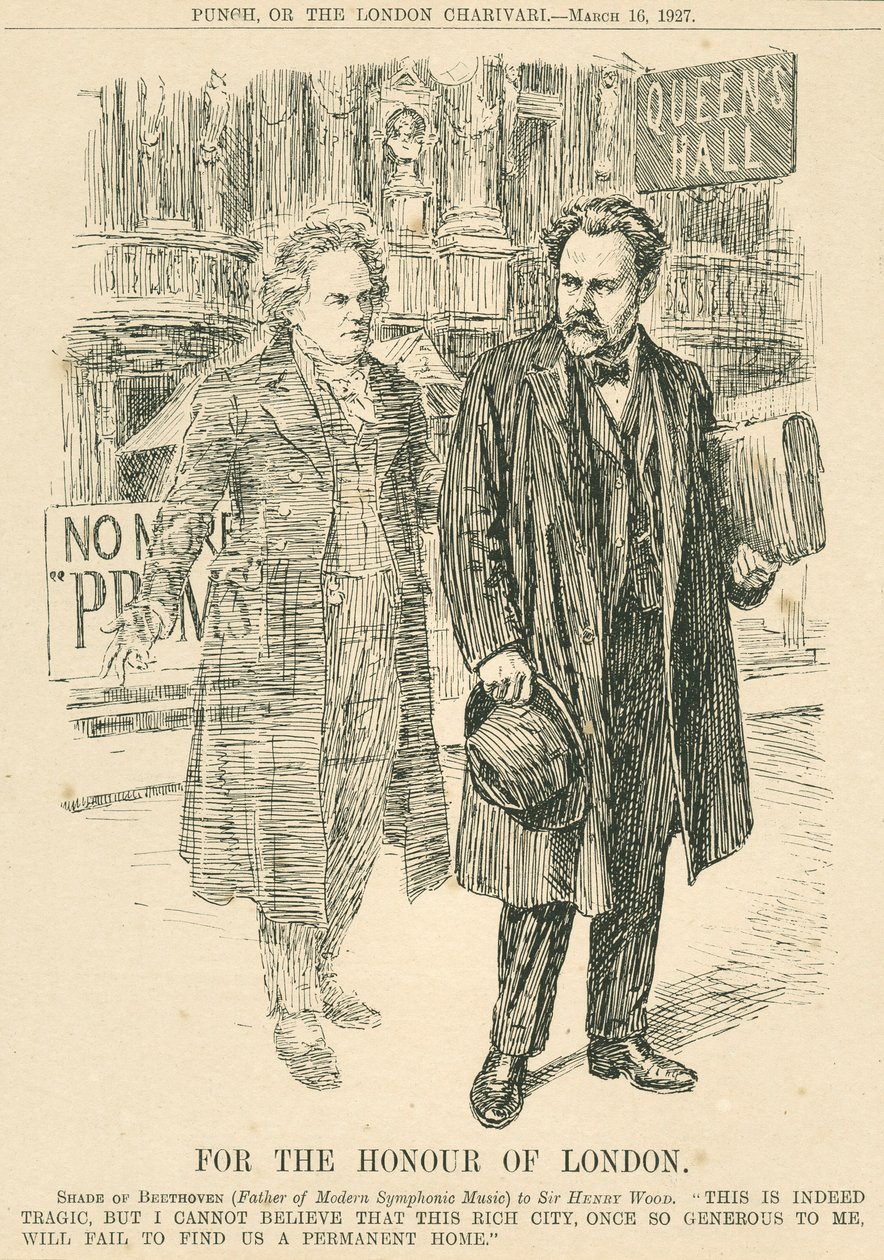 هنري وود وشبح بيتهوفن أمام قاعة الملكة ، نقش من Punch أو The London Charivari ، 16 مارس بواسطة غير معروف