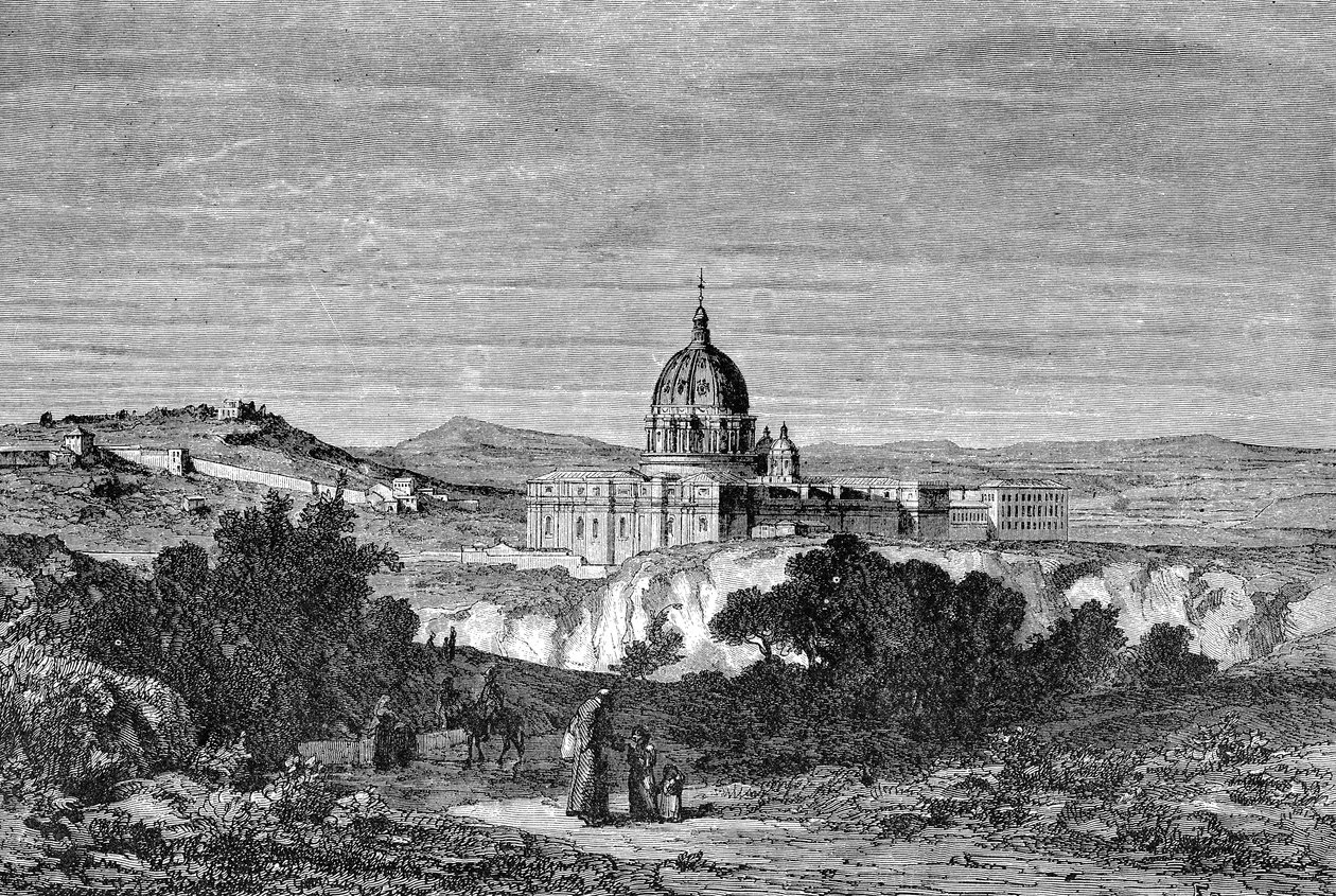 تاريخ روما القديمة. نقوش روما لعام 1872 بازيليك القديس بطرس وقصور الفاتيكان بواسطة غير معروف