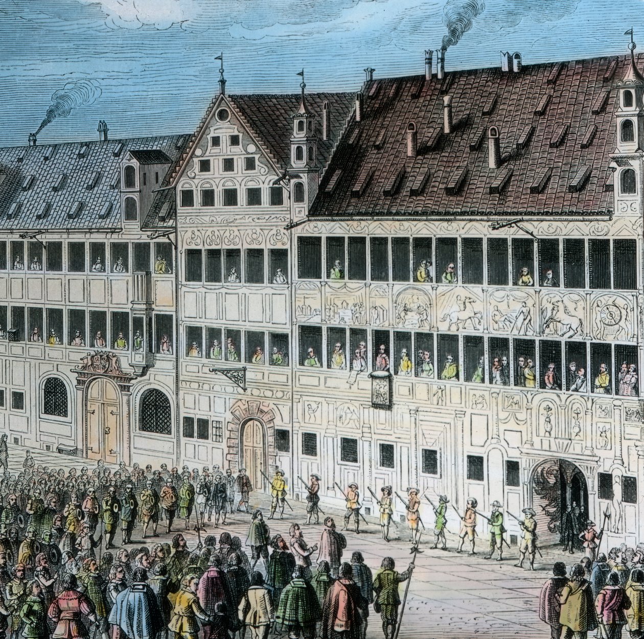 أمام منزل Fugger في Weinmarkt في مدينة Augsburg ، يقوم الناس بتقديم Hommage للملك السويدي Gustav Adolf بواسطة فنان غير معروف