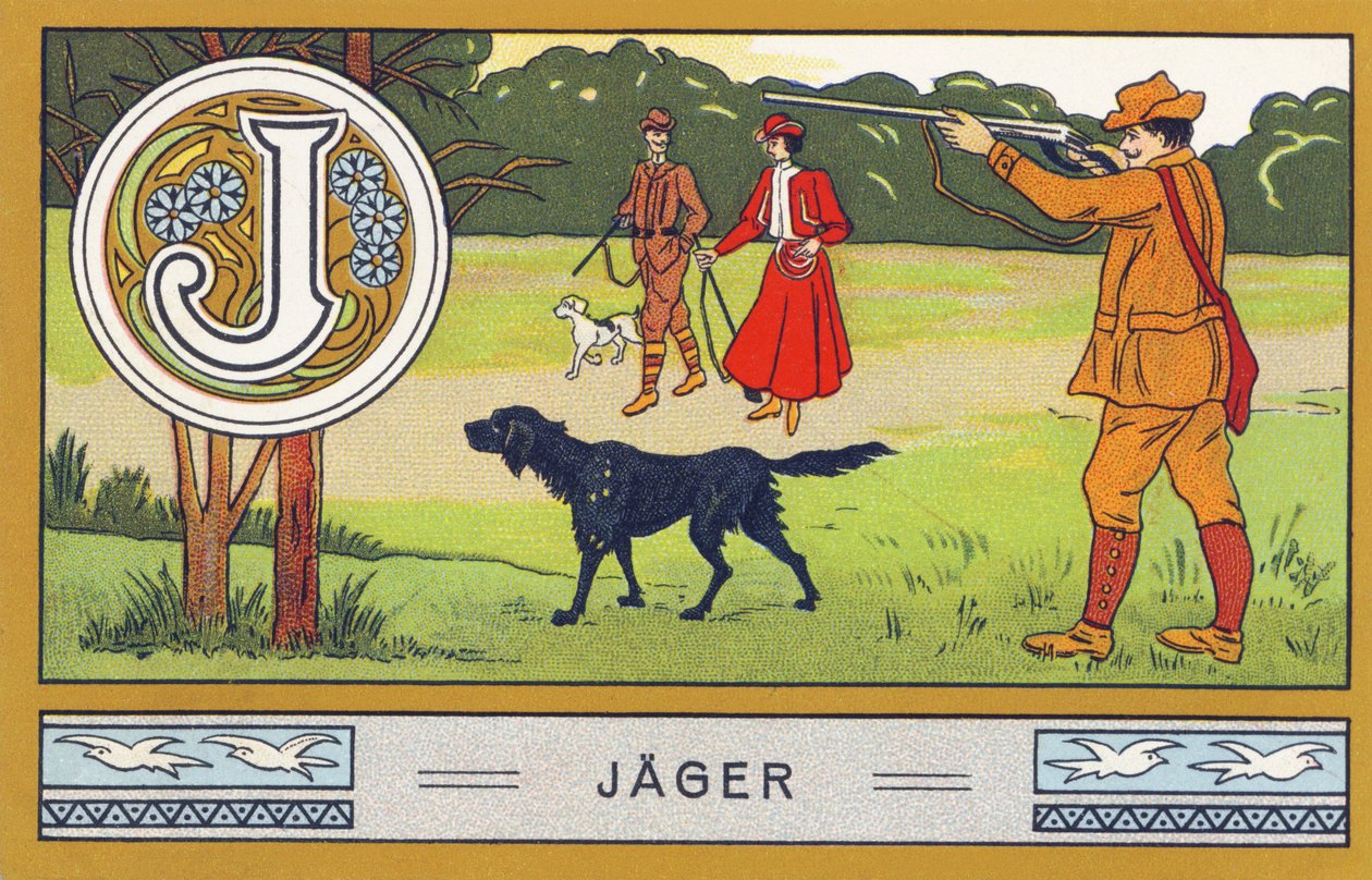 J: هنتر - Alphabet Palmine. سلسلة من المطبوعات الحجرية الملونة تم تحريرها بواسطة H. Schlinck & Cie ، Hamburg ، p. د. . إعلان عن أجود أنواع زيت جوز الهند من Palmin. الأبعاد: ٧ × ١١ سم بواسطة فنان غير معروف