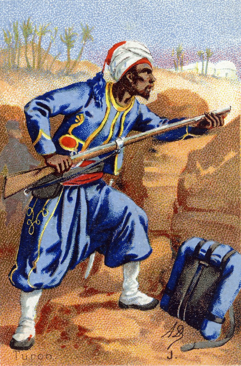J: توركو. نقش في "الأبجدية العسكرية". الأحرف الأولى من Illustrator: A. D. ناشر غير معروف. الطباعة الحجرية الملونة أواخر القرن التاسع عشر. خافت: 10،5 × 7 سم. بواسطة غير معروف