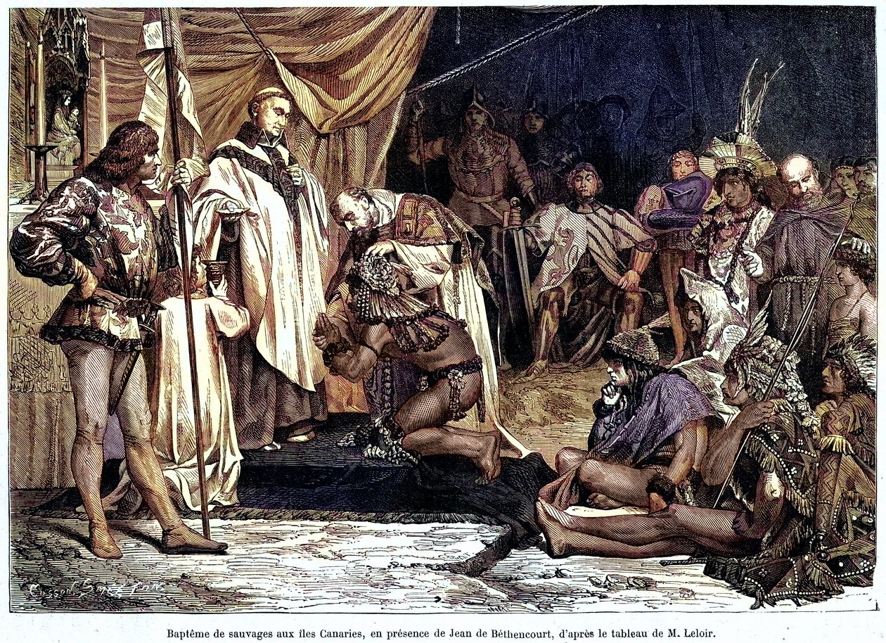 قام جان دي بيثنكورت ، نبيل نورماندي ، بارون دي سانت مارتن لو جيلارد ، بغزو جزر الكناري وتنصيرها في يناير 1405 ، من مجلة "Sur terre et sur mer" رقم 28 ، 8 يناير بواسطة فنان غير معروف
