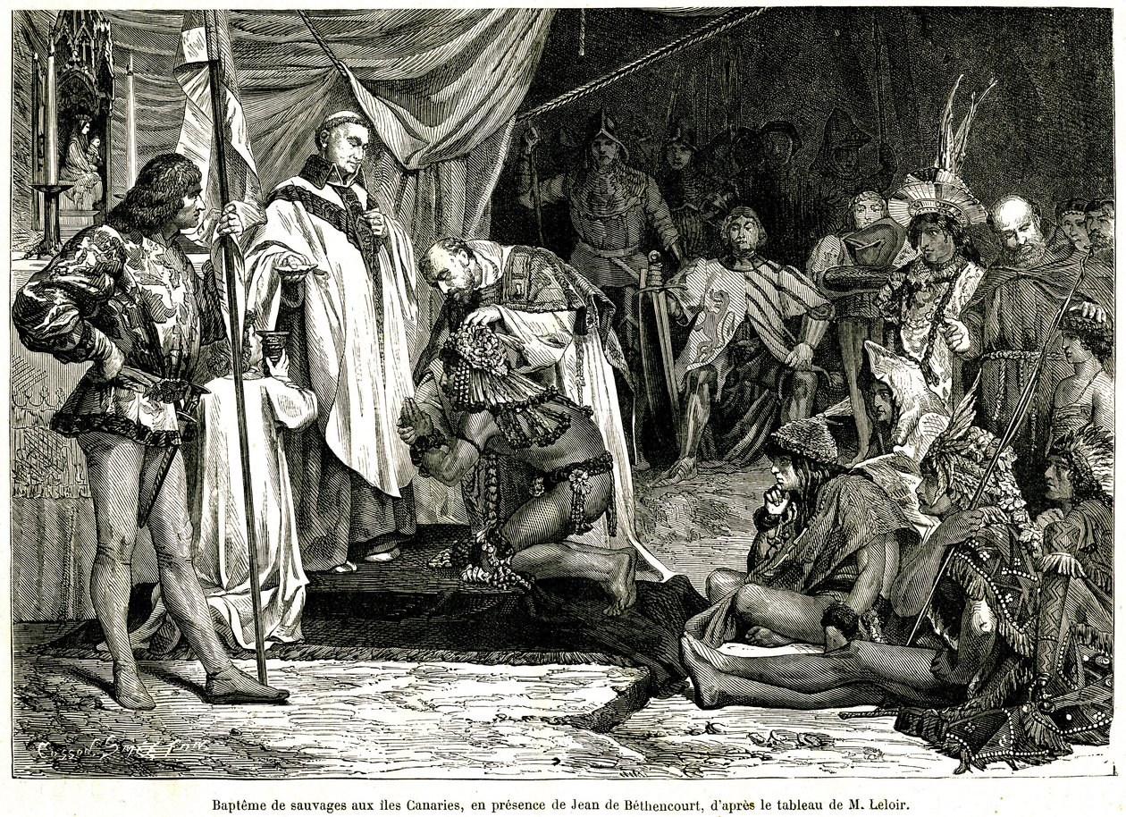 قام جان دي بيثنكورت ، نبيل نورماندي ، بارون دي سانت مارتن لو جيلارد ، بغزو جزر الكناري وتنصيرها في يناير 1405 ، من مجلة "Sur terre et sur mer" رقم 28 ، 8 يناير بواسطة فنان غير معروف