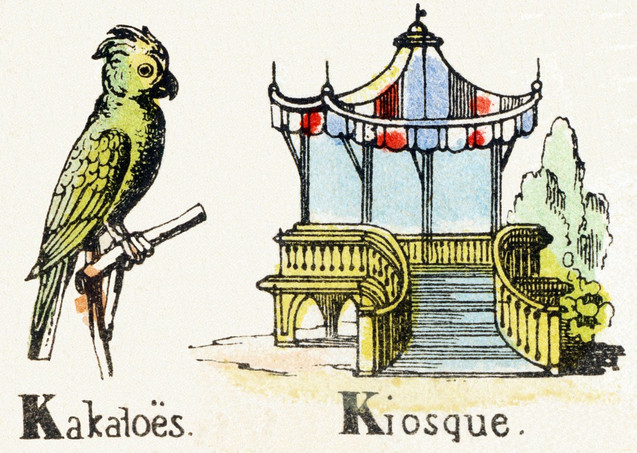 K - Kakatoes Kiosque - الأبجدية الترفيهية للأطفال c1890 (طباعة حجرية) بواسطة غير معروف