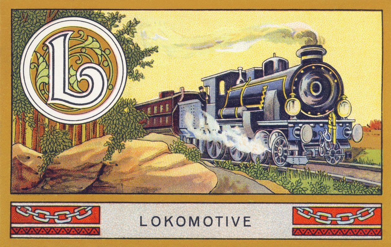L: Lokomotive - Alphabet Palmin. سلسلة من المطبوعات الحجرية الملونة تم تحريرها بواسطة H. Schlinck & Cie، Hamburg، sd. إعلان عن Palmin feinstes Cocosfett. الأبعاد: ٧ × ١١ سم بواسطة غير معروف