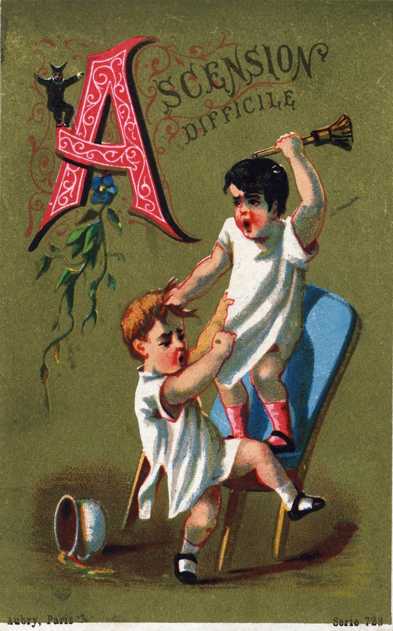 حرف أ: صعود صعب. نقش في "Alphabet des grotesques" ". سلسلة من 25 مطبوعة حجرية ملونة للإعلان على خلفية قديمة ، أواخر القرن التاسع عشر. قاتمة: 11 × 7 سم بواسطة غير معروف