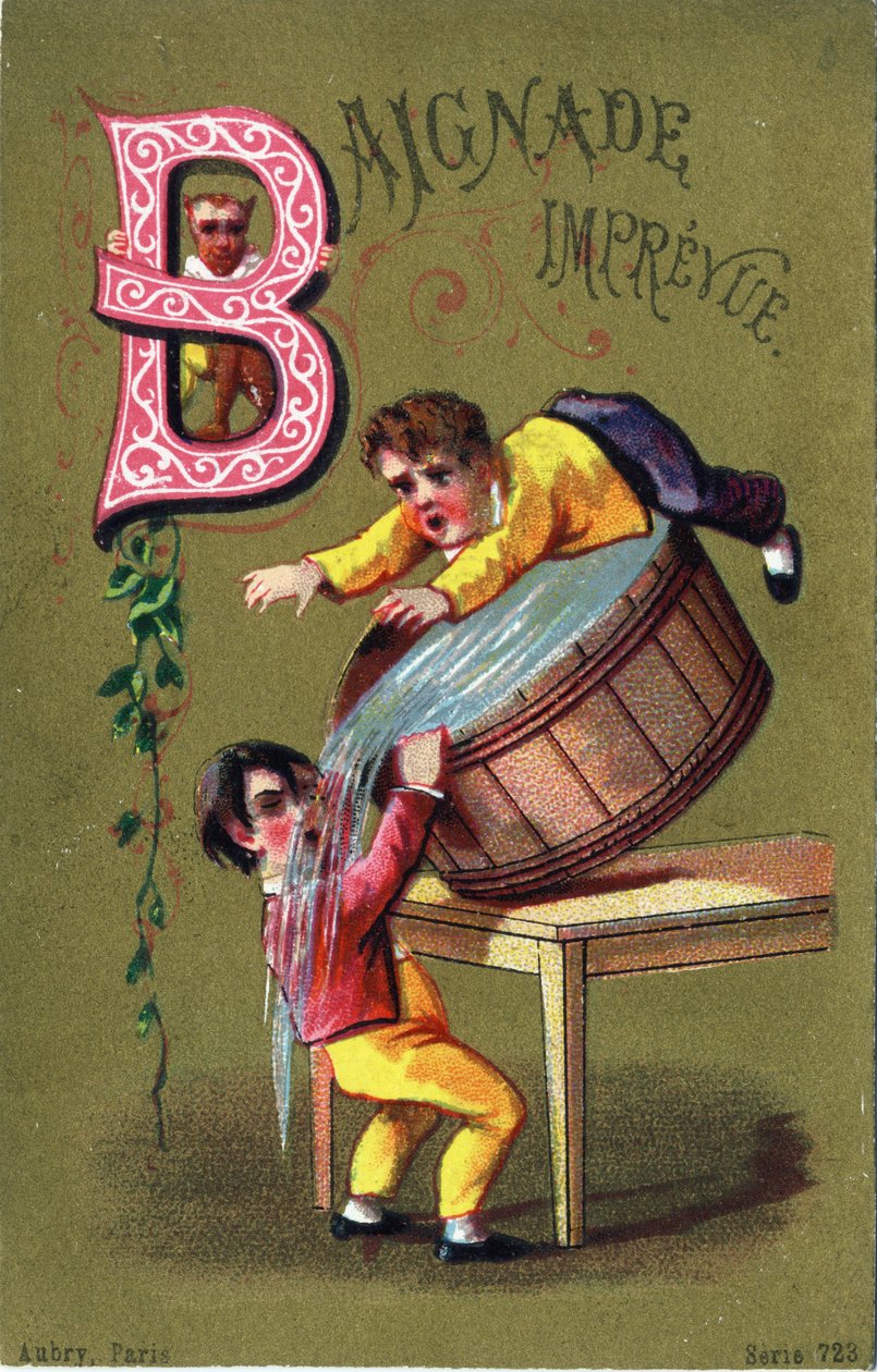 الحرف ب: الاستحمام المحسّن. نقش في "Alphabet des grotesques" ". سلسلة من 25 مطبوعة حجرية ملونة للإعلان على خلفية قديمة ، أواخر القرن التاسع عشر. قاتمة: 11 × 7 سم بواسطة غير معروف