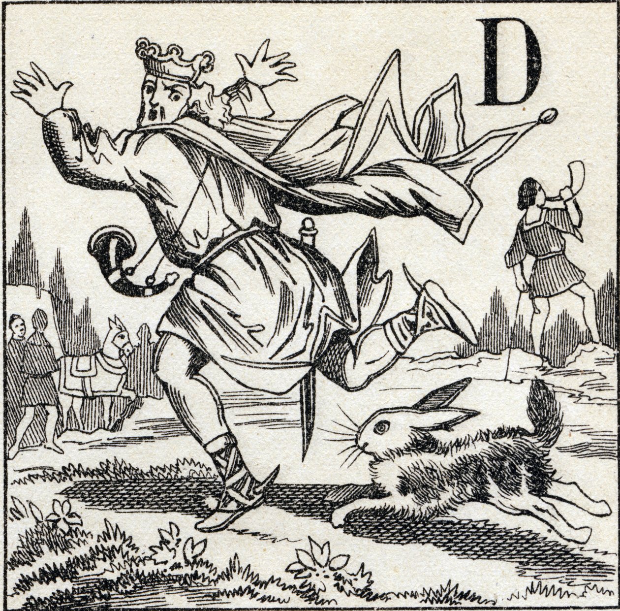 الحرف د: الملك داغوبيرت يلاحقه أرنبة. نقش في "ABC Les Images en Alphabet". تصوير الإبينال. Pellerin and Cie ، ناشر طابعة ، Epinal ، أواخر القرن التاسع عشر ، حوالي عام 1890. 10 صفحات. الأبعاد: 19.5 × 13.5 سم بواسطة غير معروف