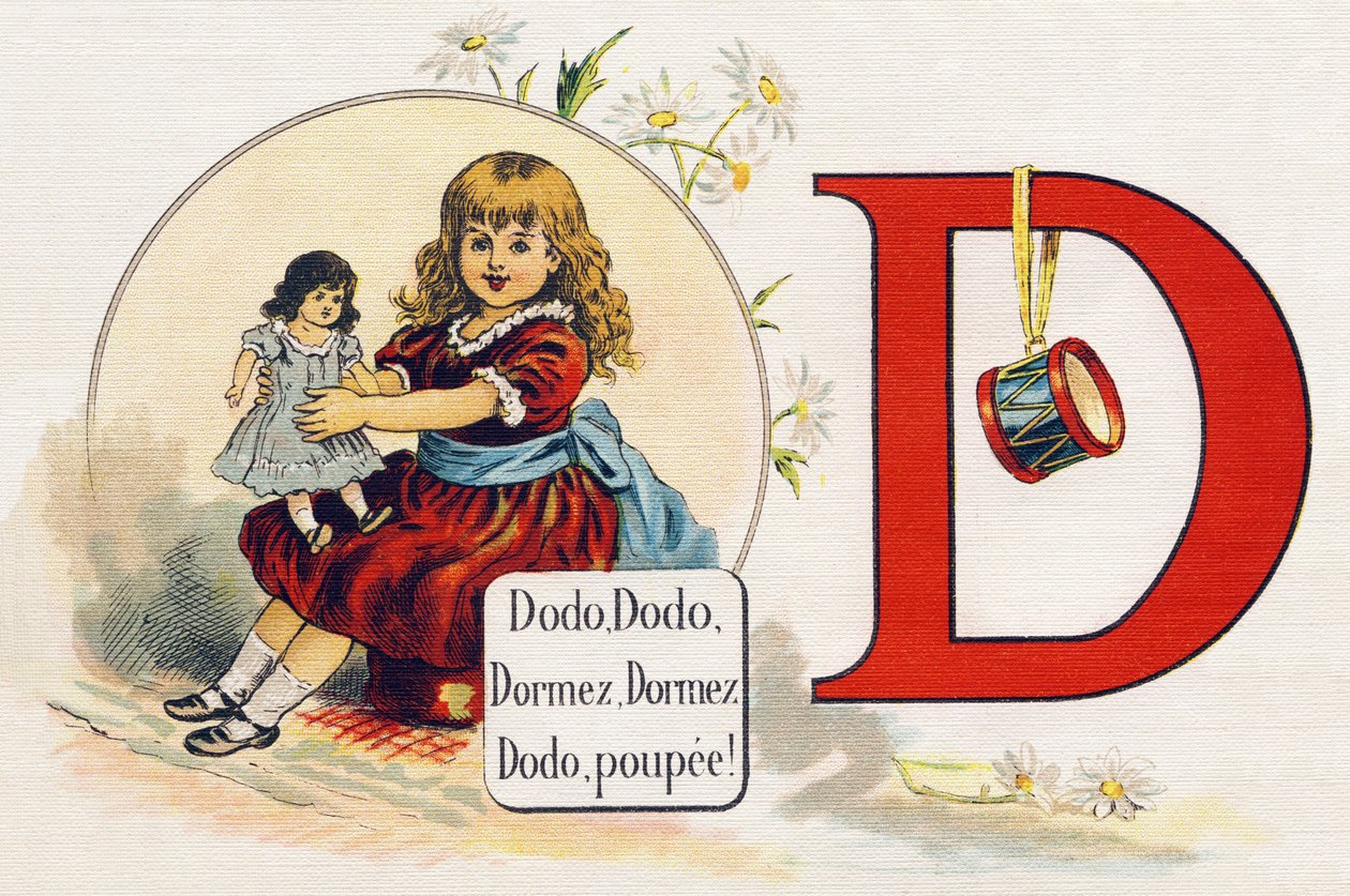 حرف د: نوم ، نوم ، نوم ، نوم ، دمية. نقش في "ABC L'alphabet des bebes". حجم غير قابل للكسر على القماش في الطباعة الحجرية الملونة. A. Capendu ، محرر ، باريس. أوائل القرن العشرين ، حوالي عام 1905. صور من أصل إنجليزي مصحوبة بكلمات باللغة الفرنسي بواسطة غير معروف