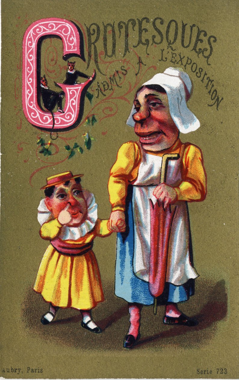 حرف G: قبول Grotesques في المعرض. نقش في "Alphabet des grotesques" ". سلسلة من 25 مطبوعة حجرية ملونة للإعلان على خلفية قديمة ، أواخر القرن التاسع عشر. قاتمة: 11 × 7 سم بواسطة غير معروف