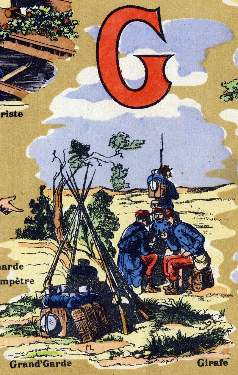 حرف G كحارس عظيم للجيش. يوضح Iphabet. تم لم شمل الصور في جارفيل نانسي ، أوائل القرن العشرين. الأبعاد: ٤٠ × ٢٩ سم. الطباعة الحجرية على خلفية بيستر بواسطة غير معروف