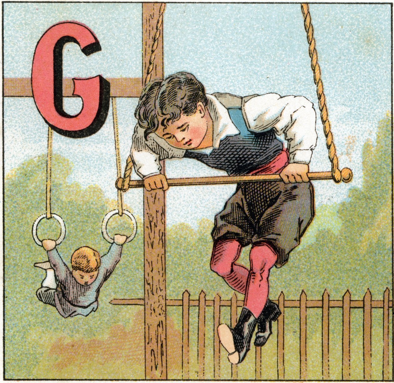 حرف G للجمباز. نقش في "Alphabet des petits ecoliers". تصوير إبينال ، حوالي عام 1885. مجموعة بريفيه بواسطة غير معروف