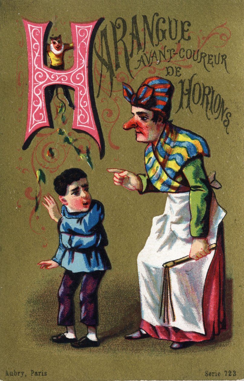 الحرف ح: Harangue قبل عداء Horion. نقش في "Alphabet des grotesques" ". سلسلة من 25 مطبوعة حجرية ملونة للإعلان على خلفية قديمة ، أواخر القرن التاسع عشر. قاتمة: 11 × 7 سم بواسطة غير معروف