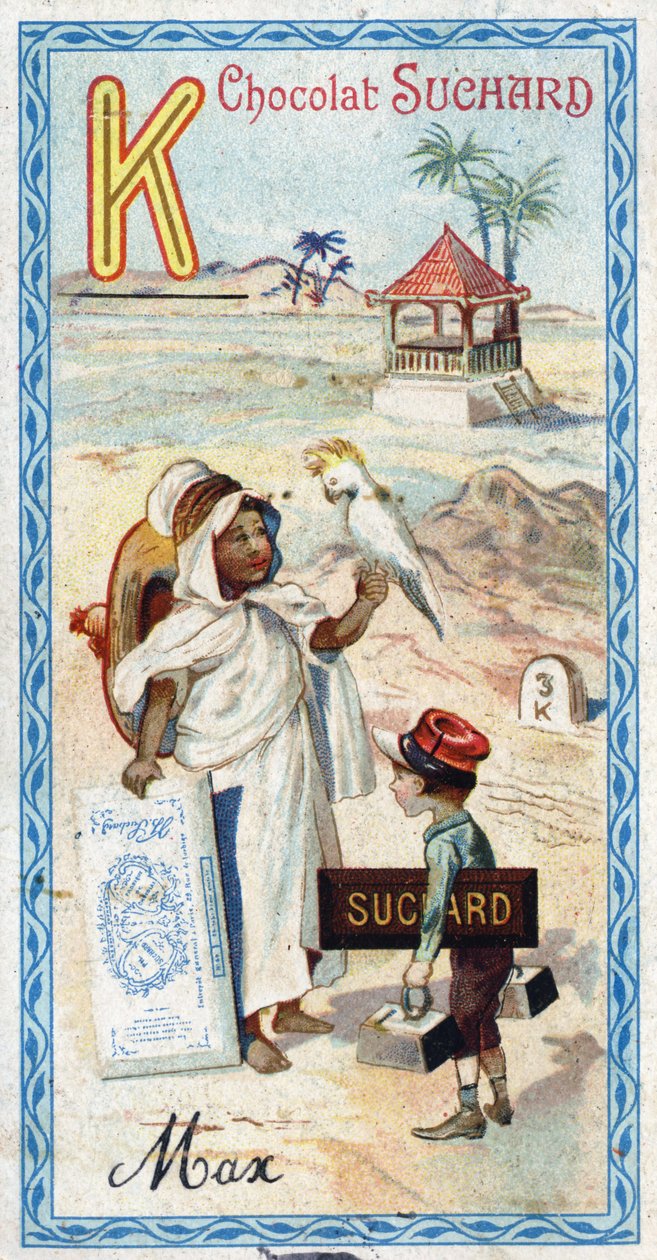 حرف K: kabyle، kepi، كيلوجرام، kakatoes، kiosk، كيلومتر. نقش الأبجدية تم تحريره بواسطة Chocolat Suchard ، بداية القرن العشرين. 24 مطبوعة حجرية ملونة تمثل الأماكن والشخصيات والأشياء التي سيتم اكتشافها في الصورة. خافت: 105 × 55 ملم بواسطة غير معروف