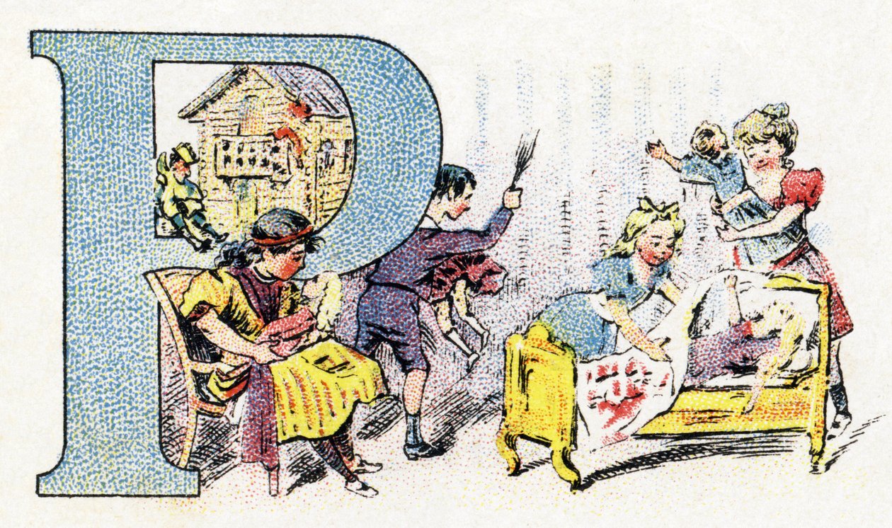 الحرف P: Doll Polichinelle. الأبجدية الفوسفاتين فاليريس. نقش. الأبجدية Brevete SGDG بواسطة الصيدلي Pierre Emile Falieres. الرسوم التوضيحية في الطباعة الحجرية الملونة ، أواخر القرن التاسع عشر. 16 صفحة. خافت: 103x154 ملم بواسطة غير معروف