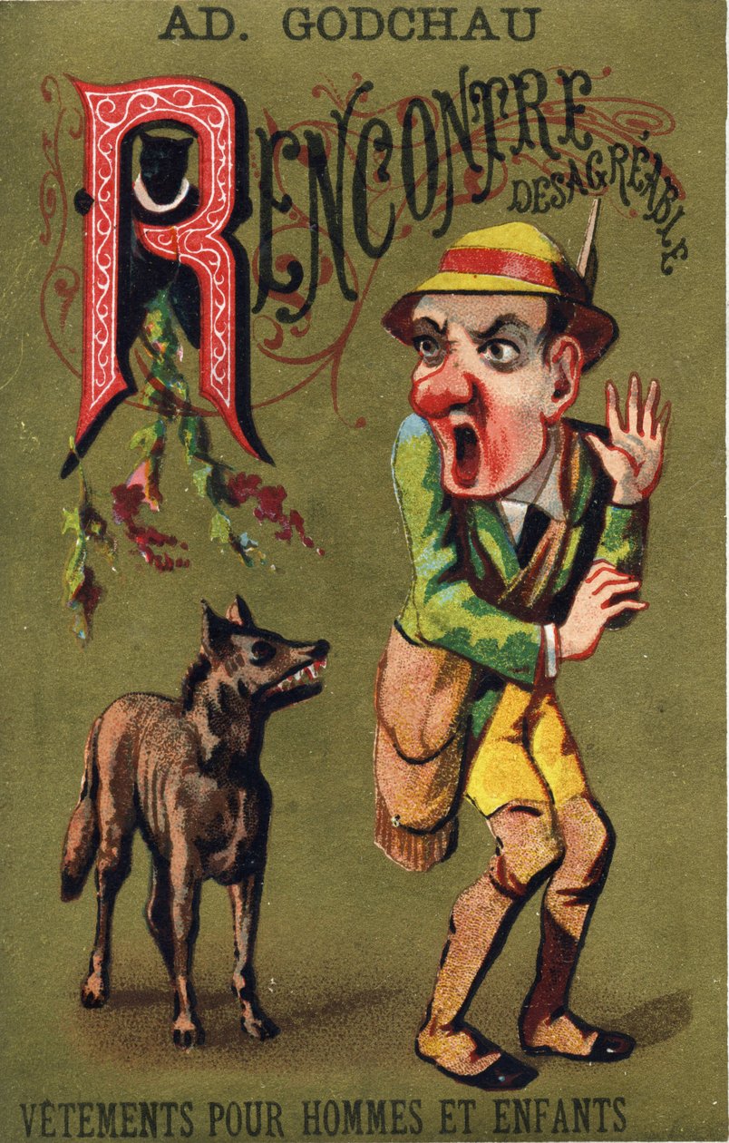 الحرف R: اجتماع غير مقبول. نقش في "Alphabet des grotesques" ". سلسلة من 25 مطبوعة حجرية ملونة للإعلان على خلفية قديمة ، أواخر القرن التاسع عشر. قاتمة: 11 × 7 سم بواسطة غير معروف