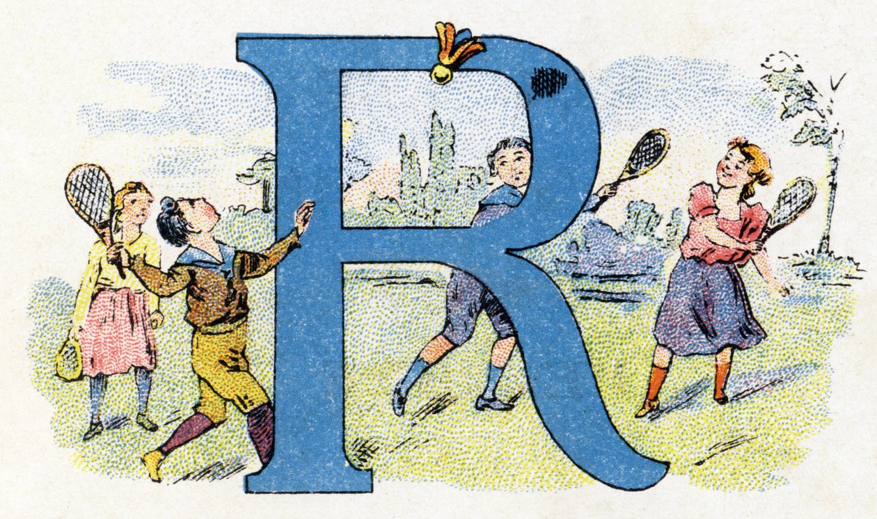حرف R: مضرب طائر. الأبجدية الفوسفاتين فاليريس. نقش. الأبجدية Brevete SGDG بواسطة الصيدلي Pierre Emile Falieres. الرسوم التوضيحية في الطباعة الحجرية الملونة ، أواخر القرن التاسع عشر. 16 صفحة. خافت: 103x154 ملم بواسطة غير معروف