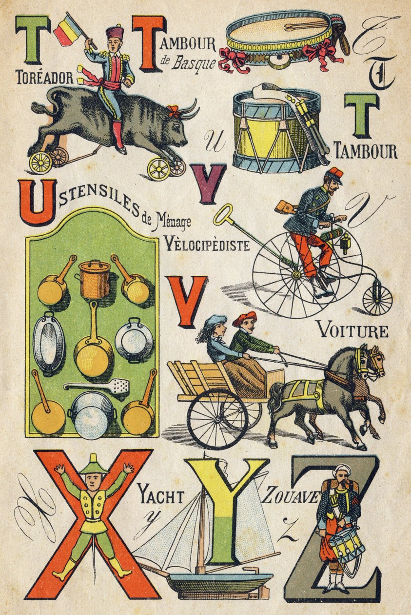 الحرف T و U و V و X و Y و Z. نقش في "ABC Toys". تصوير إبينال في الطباعة الحجرية الملونة ، حوالي عام 1890. كتيب صغير من 8 صفحات. Dim: 195x135mm ، مخصص لاستقبال إعلان في الغلاف الرابع. يستخدم في المنزل ، فإنه يقدم أبيداس اللامع و sm بواسطة غير معروف