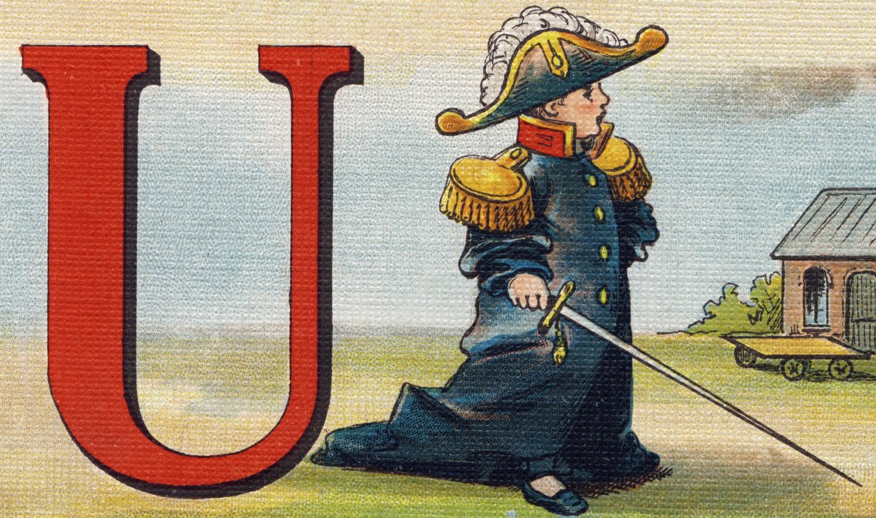 الحرف U: زي موحد. نقش في "Alphabet de ma petite fille". برناردين-بيشيت وفلس ، بائعون وناشرون ، باريس ، حوالي عام 1895. ألبوم غير قابل للكسر على قماش. Bibliotheque des Bebes. 12 صفحة. ألبوم يحتوي على طريقة قراءة وتوضيحي سابق بواسطة غير معروف