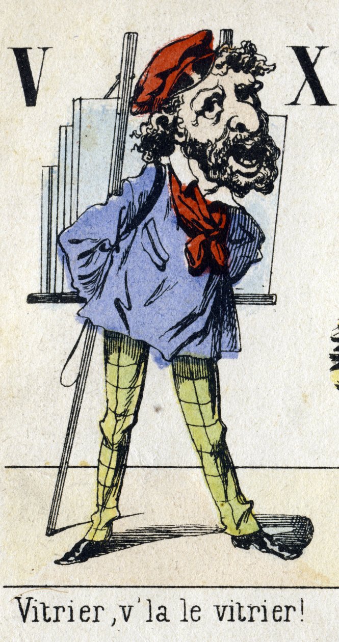 الحرف V و X: "Glazier، the glazier!" الأبجدية "متعة الأطفال". تصوير إبينال ، حوالي عام 1890. سلسلة شعبية. كتيب صغير من 8 صفحات. نقوش خشبية منقوشة حول موضوع عدادات الشوارع الصغيرة وصرخات باريس بواسطة غير معروف