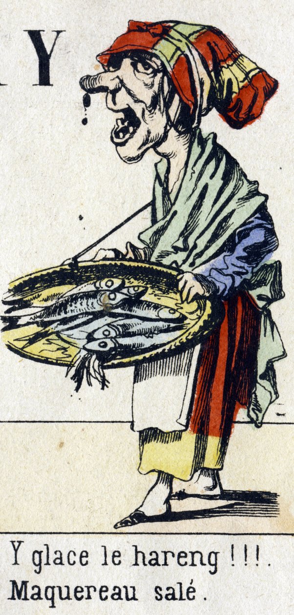 حرف Y: "ice the herring !!! الإسقمري القذر". الأبجدية "متعة الأطفال". تصوير إبينال ، حوالي عام 1890. سلسلة شعبية. كتيب صغير من 8 صفحات. نقوش خشبية مطبوعة على موضوع عدادات الشوارع الصغيرة وصرخات باريس بواسطة غير معروف