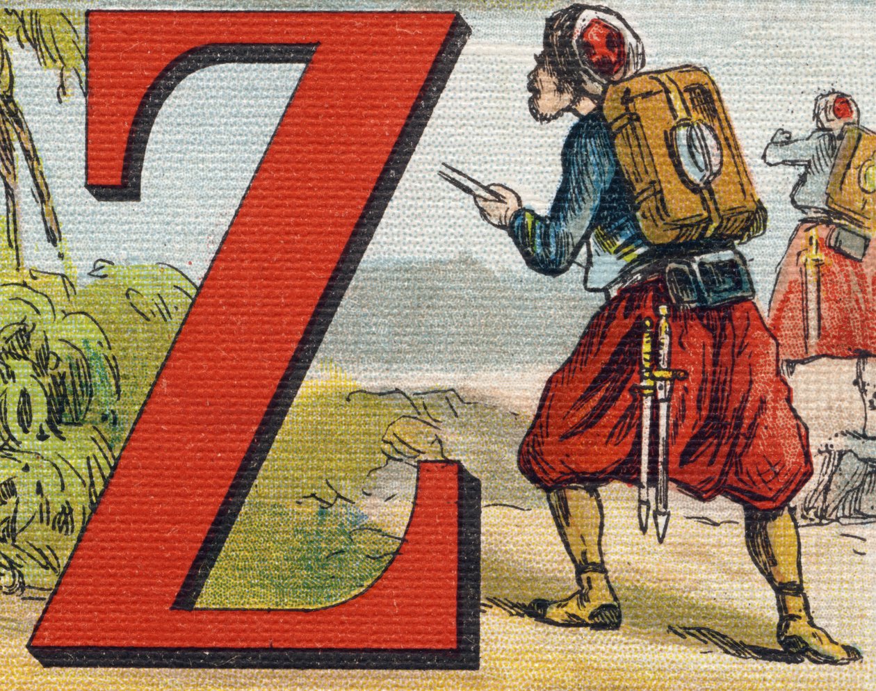 الحرف Z: الزواف. نقش في "Alphabet de ma petite fille". برناردين-بيشيت وفلس ، بائعون وناشرون ، باريس ، حوالي عام 1895. ألبوم غير قابل للكسر على قماش. Bibliotheque des Bebes. 12 صفحة. ألبوم يحتوي على طريقة القراءة و abeceda توضيحية بواسطة غير معروف