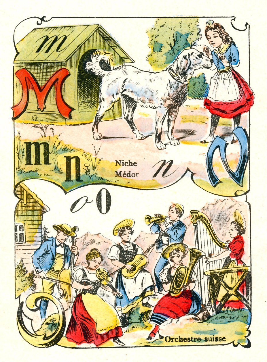 رسائل MN و O مثل Medor ، Niche والأوركسترا السويسرية. نقش في "Fun Alphabet". تصوير بونت آ موسون. طباعة ونشر لويس فاني ، نهاية القرن التاسع عشر بواسطة غير معروف