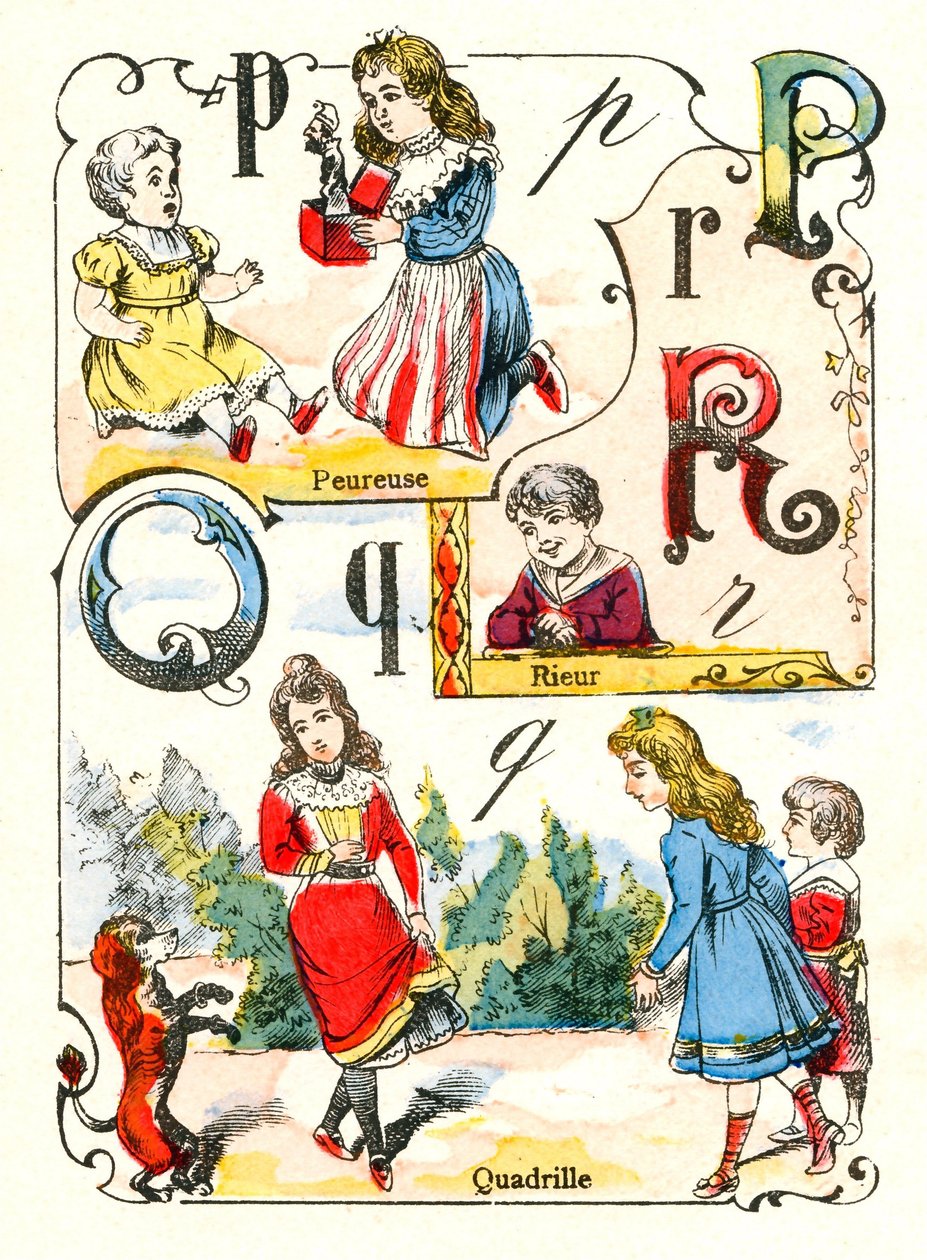 الحروف PQ و R مثل الخوف والضحك والرباعية. نقش في "Fun Alphabet". تصوير بونت آ موسون. طباعة ونشر لويس فاني ، نهاية القرن التاسع عشر بواسطة غير معروف
