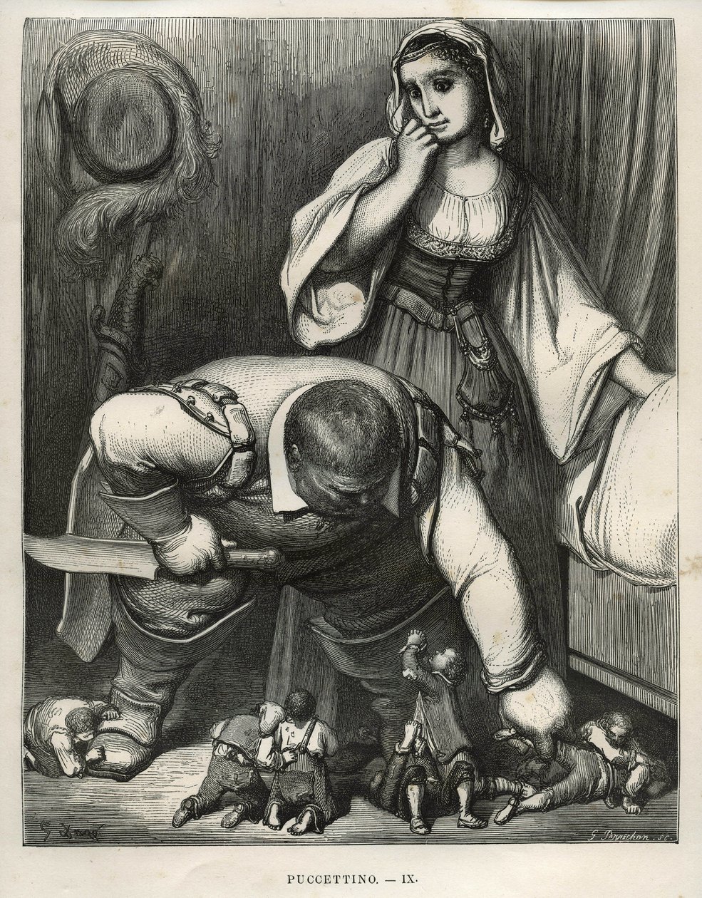 توسل ليتل بوكيت وإخوته للغول ألا يقتلهم نقش لغوستاف دوري (1832-1883) من "" لي حكايات "لتشارلز بيرولت (1628-1703) بواسطة غير معروف