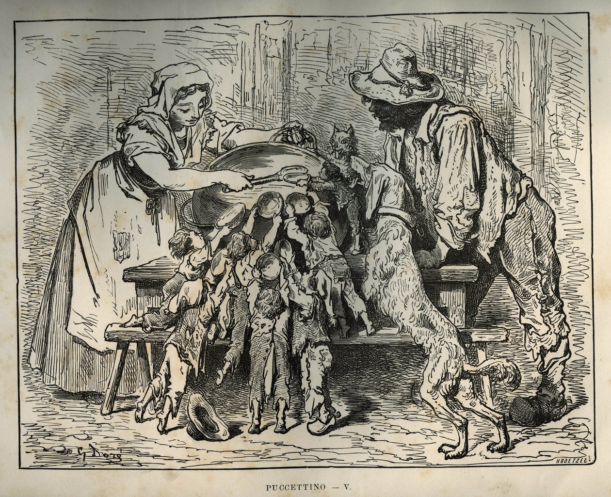 ليتل بوليه وإخوته الجياع. نقش لغوستاف دوري (1832-1883) من "" Les contes "لتشارلز بيرولت (1628-1703) بواسطة غير معروف
