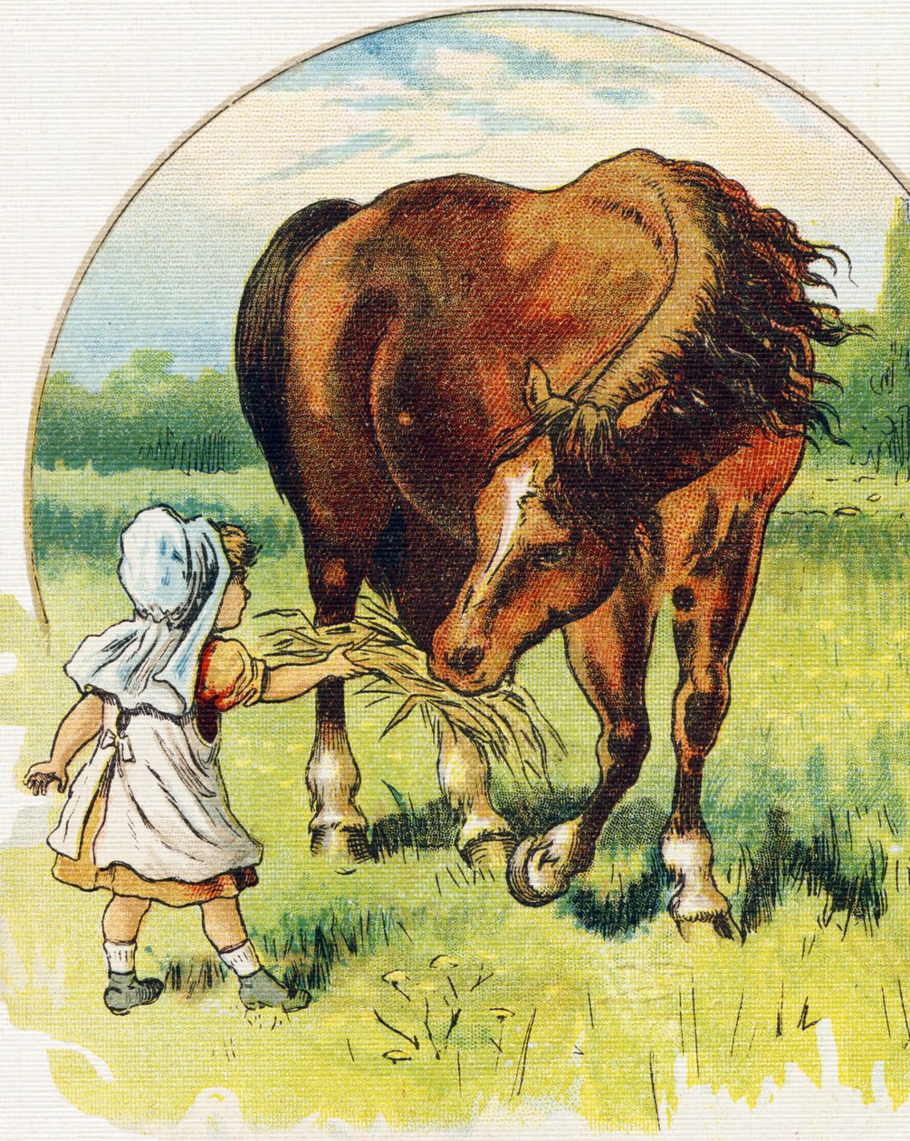 فتاة صغيرة تعطي التبن لحصان. نقش في "ABC L'alphabet des bebes". حجم غير قابل للكسر على القماش في الطباعة الحجرية الملونة. A. Capendu ، محرر ، باريس. أوائل القرن العشرين ، حوالي عام 1905. صور من أصل إنجليزي مصحوبة بكلمات بالفرنسية بواسطة غير معروف