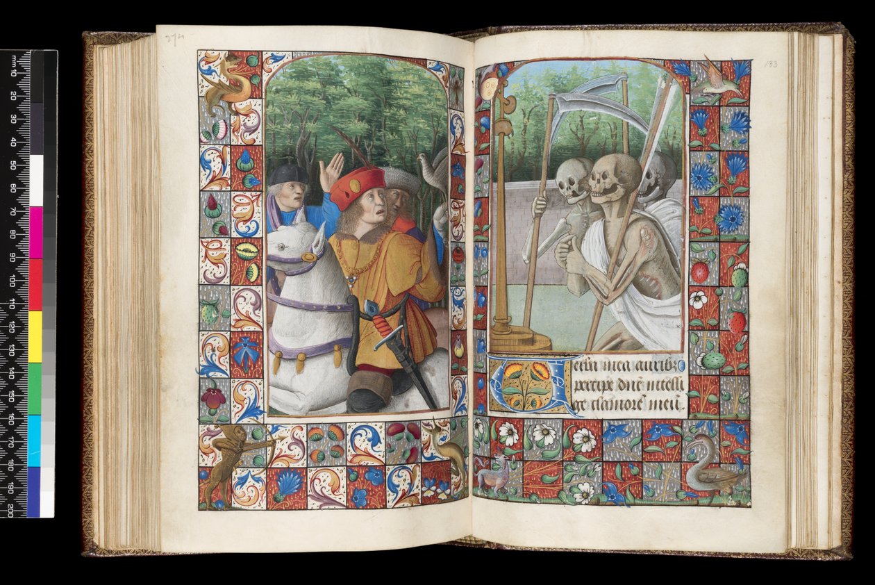 MS 92 f.132v-133r، Office of the Dead، Matins، The Three Living and the Three Dead ، من كتاب الصلوات ، غرب فرنسا ، استخدام روما ، 1490-1510 بواسطة غير معروف
