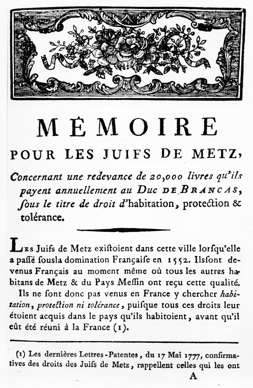 بيان لدعم يهود ميتز يدعم إلغاء الضريبة المستحقة على اليهود لدوق برانكاس ، حوالي عام 1790 (ورق مطبوع) بواسطة غير معروف