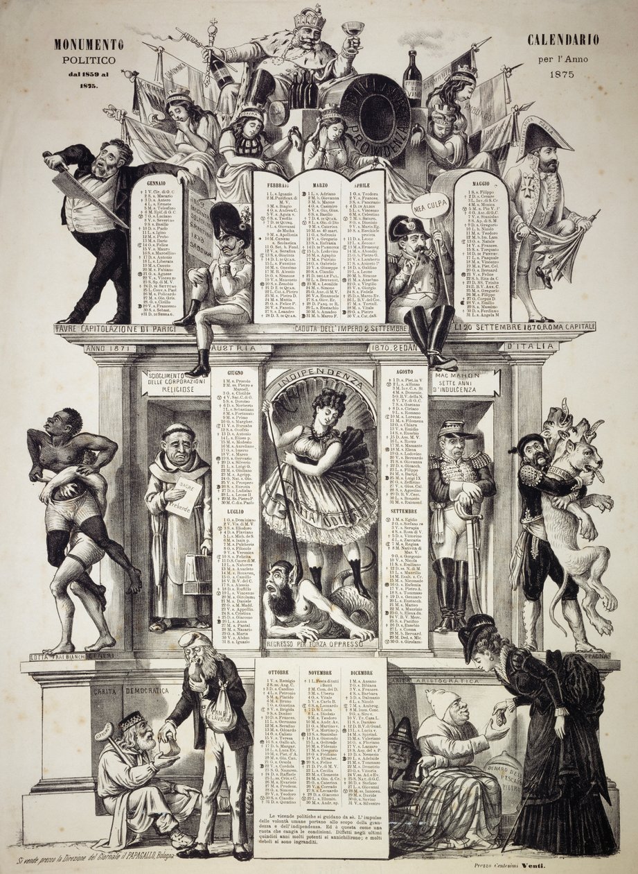 التقويم السياسي الضخم ، عام 1875 ، من تأليف جورجيو أنسالدي المعروف أيضًا باسم دالساني (1844-1922) ، أسفل اليسار ، نقش غروسي أوغوستو المكتوب بخط اليد ، مؤسس الصحيفة الساخرة Il Pappagallo (الببغاء) ، إيطاليا بواسطة فنان غير معروف