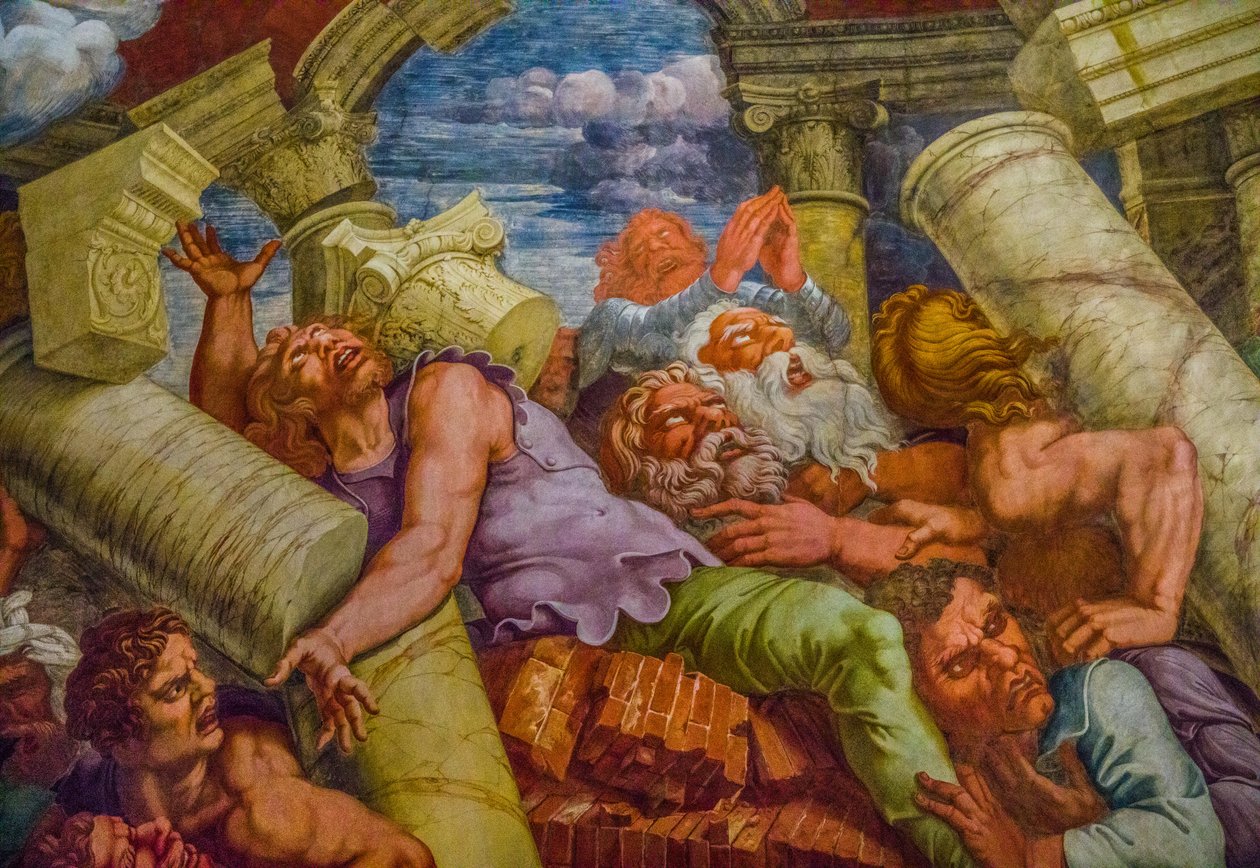اللوحة الجدارية الأكثر شهرة في Mannerism: يخترع وهم جوليو رومانو قبة ويذوب هندسة الغرفة في سقوط العمالقة ، Hall of the Giants بواسطة فنان غير معروف