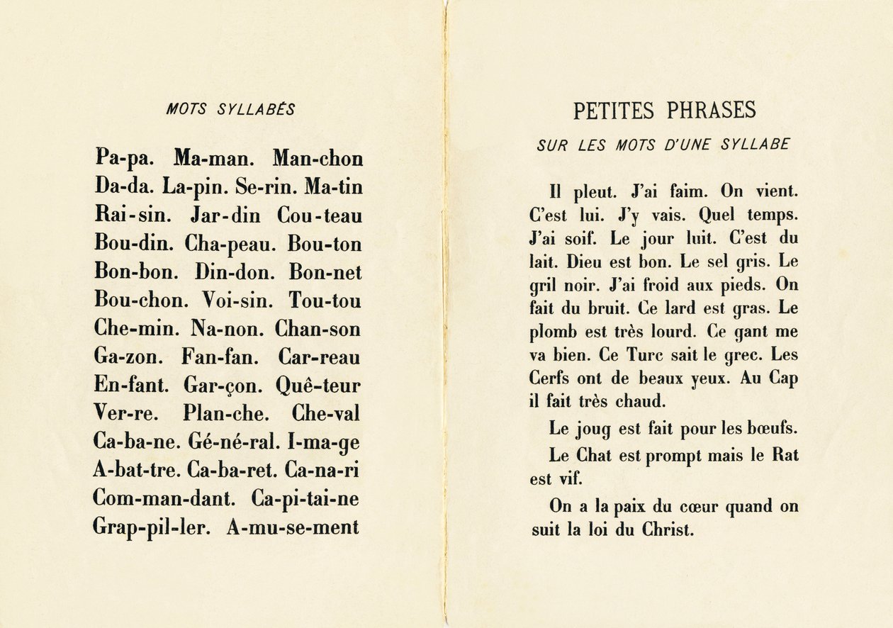 كلمات مقطوعة وجمل صغيرة على كلمات مقطع لفظي - نقش من ABCD des petits filles. Pellerin & Cie ، ناشر طابعة ، Epinal ، حوالي 1890. Serie A. الأبعاد: 19 × 13.5 سم. بواسطة غير معروف