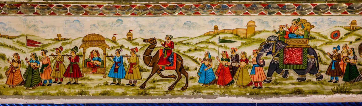 جدارية ، باتوون كي هافيلي ، جايسالمر ، مدينة غريبة في صحراء ثار ، جايسالمر ، راجستان ، الهند ، آسيا (صورة) بواسطة فنان غير معروف