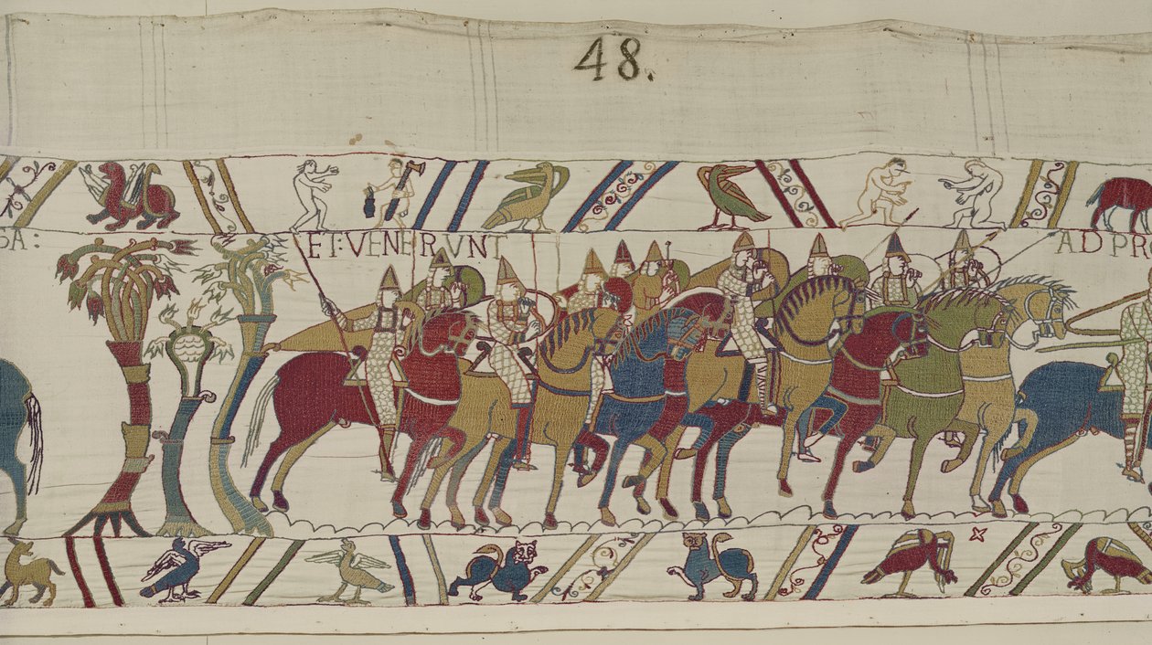 جنود نورمان يغادرون هاستينغز لخوض معركة مع Harold ، Bayeux Tapestry (تطريز من الصوف على الكتان) بواسطة غير معروف