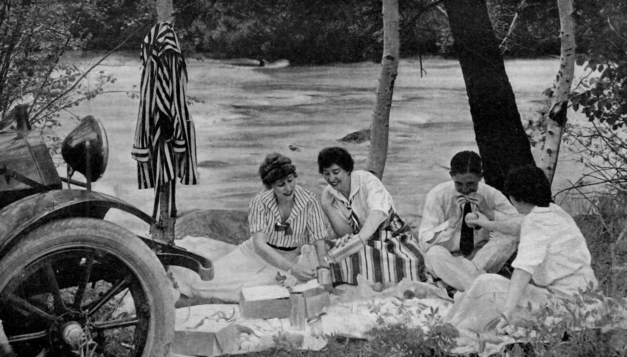 شمال امريكا. حفلة نزهة تهاجم سلة الغداء أثناء رحلة على متن سيارة إلى جبال أوزارك. 1920 بواسطة غير معروف