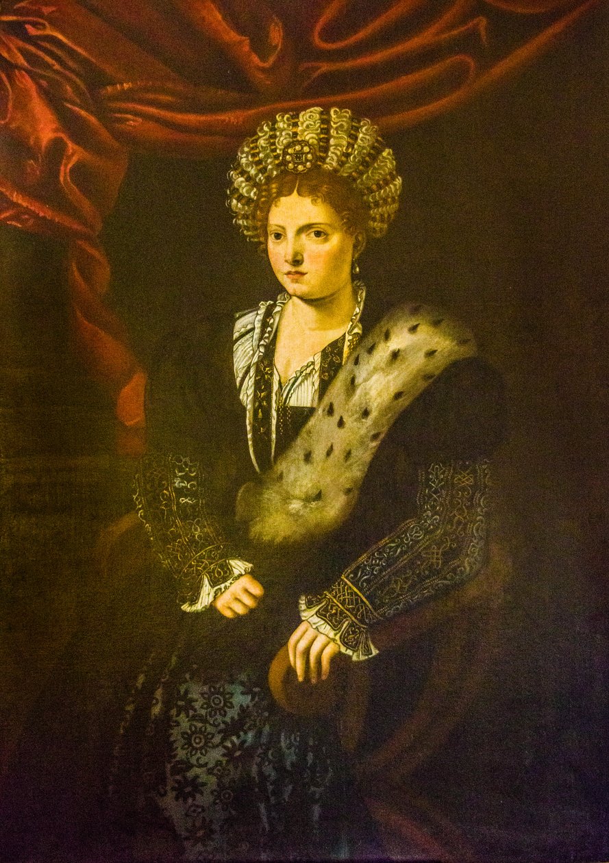 لوحة زيتية لإيزابيلا ديستي ، نسخ تيزيانو فيسيليو ، كاليفورنيا. 1630 ، Palazzo Ducale ، القصر الملكي ، قلعة سان جورجيو ، مانتوا ، لومباردي ، إيطاليا ، أوروبا (الصورة) بواسطة فنان غير معروف